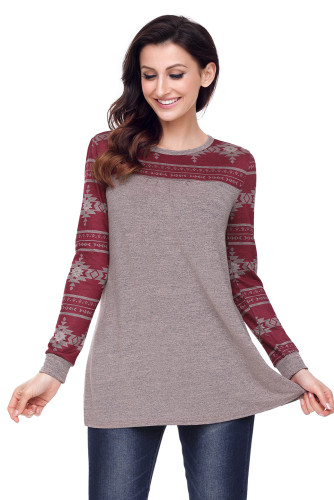 Taupe Burgundy Aztec Long Sleeve Top
