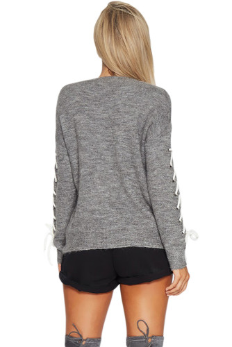 Gray Lace up Sleeve Sweater