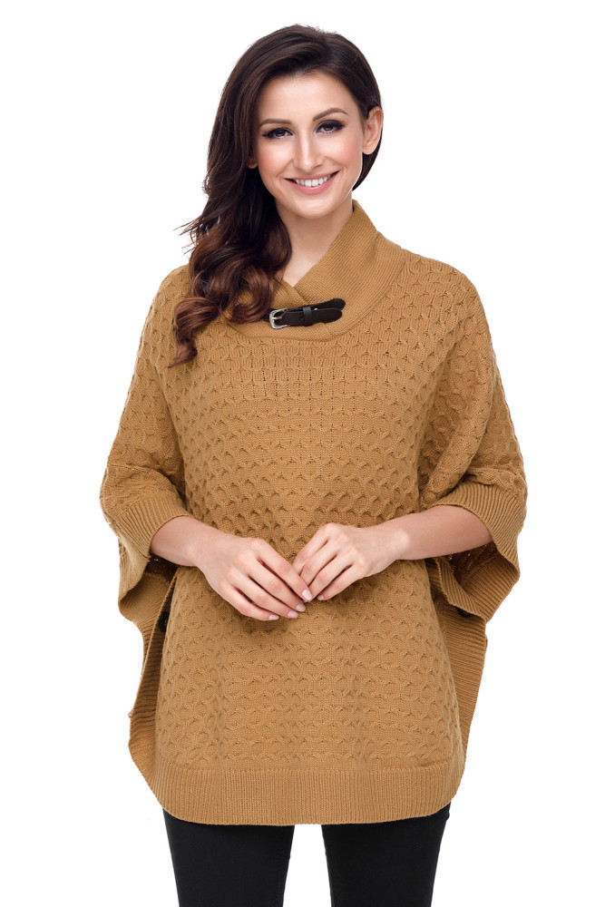 Khaki High Neck Waffle Knit Poncho