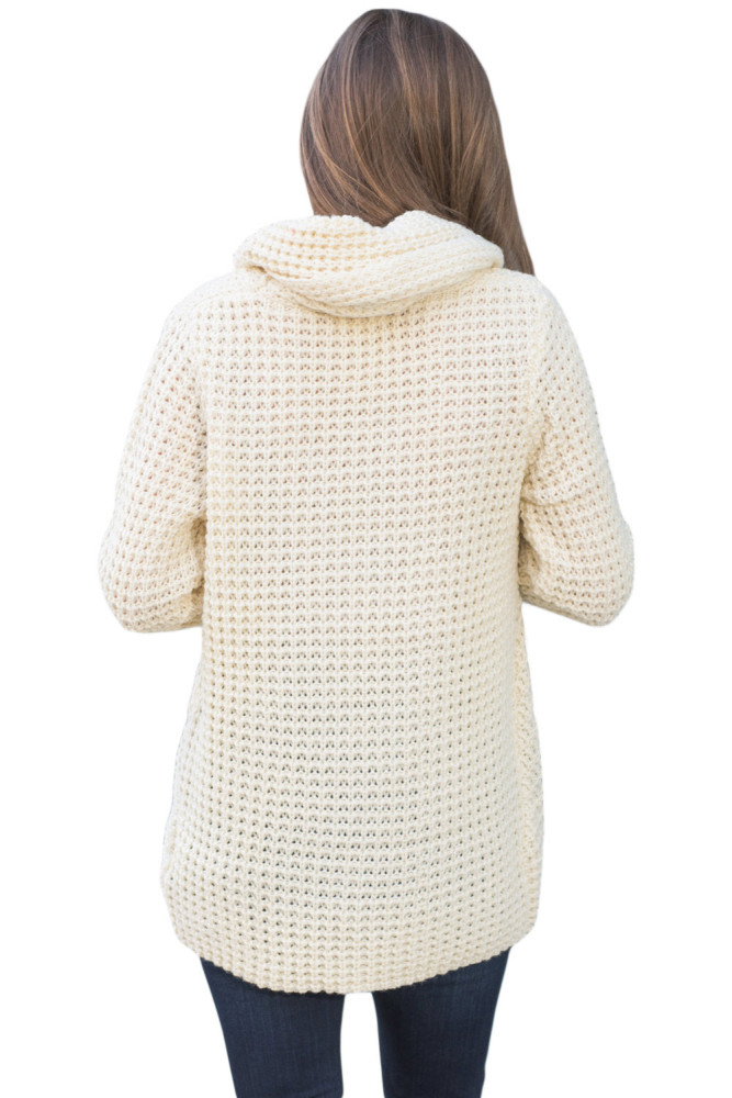 White Buttoned Wrap Cowl Neck Sweater