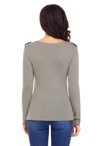 Gray Button Long Sleeve Top with Pockets