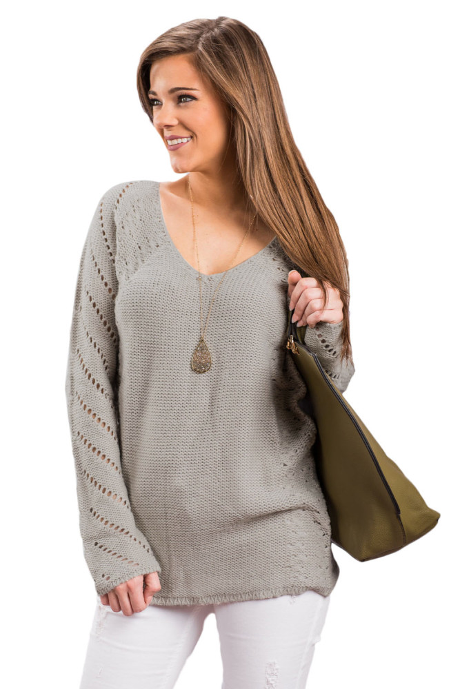 Oatmeal Open Knit Sleeve Cutout V Neck Sweater