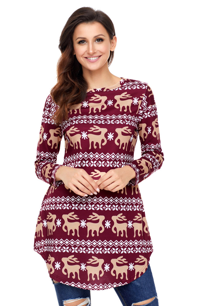 Burgundy Geometric Snowflake Christmas Reindeer Blouse