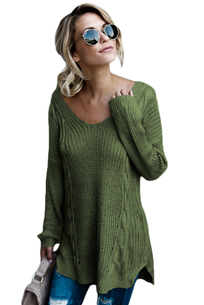Green Modern Lady Cable Knit Sweater