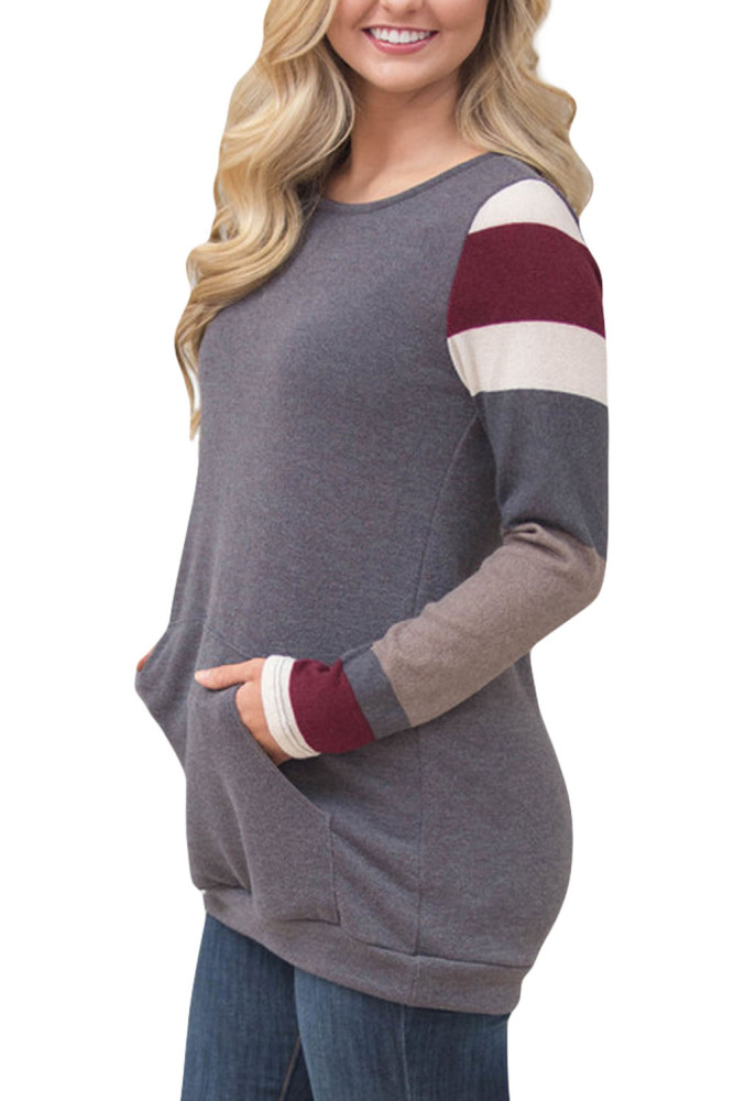 Multicolor Stripes Sleeve Pullover Light Gray Sweatshirt