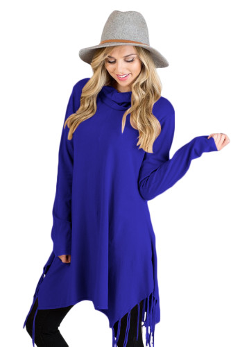 Blue Cowl Neck Fringe Tunic