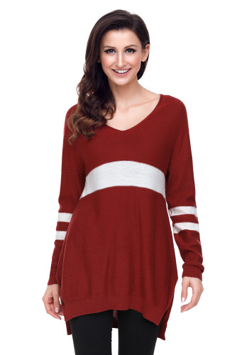 White Strip Red V Neck Sweater