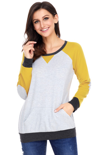 Yellow Raglan Sleeve Patch Elbow Sweatshirt Top