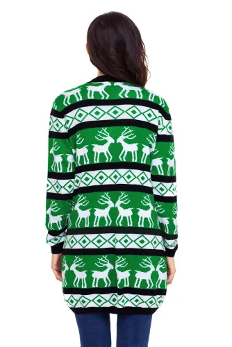 Black Green Reindeer Geometric Christmas Cardigan
