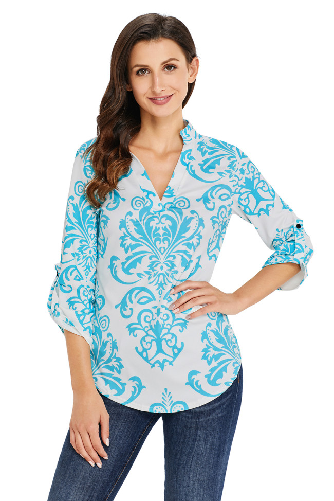 Blue Damask Print Slight Collar V Neck Blouse