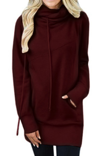 Burgundy Funnel Neck Long Sleeve Pocket Hoodie
