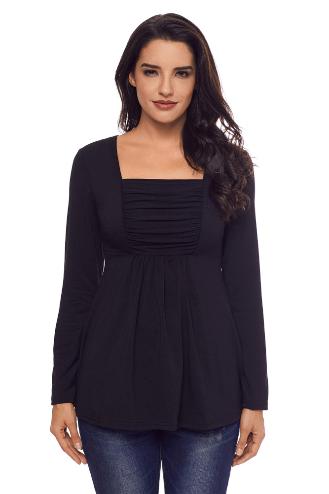 Black Square Neckline Ruched Long Sleeve Blouse