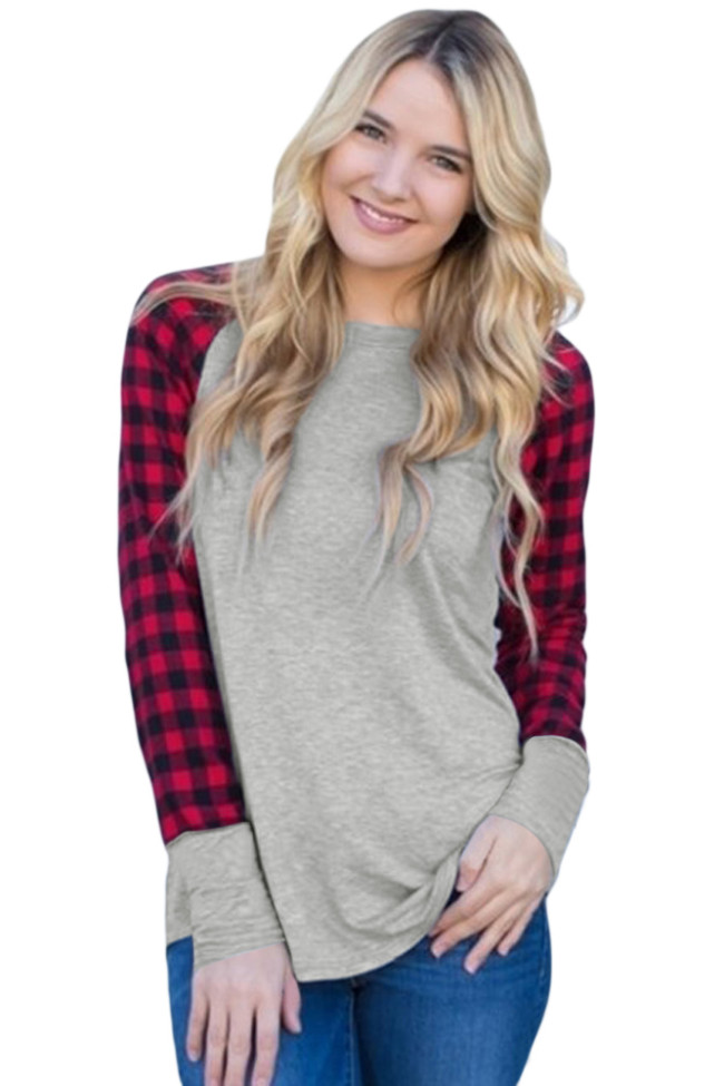 Red Black Plaid Sleeve Grey Top