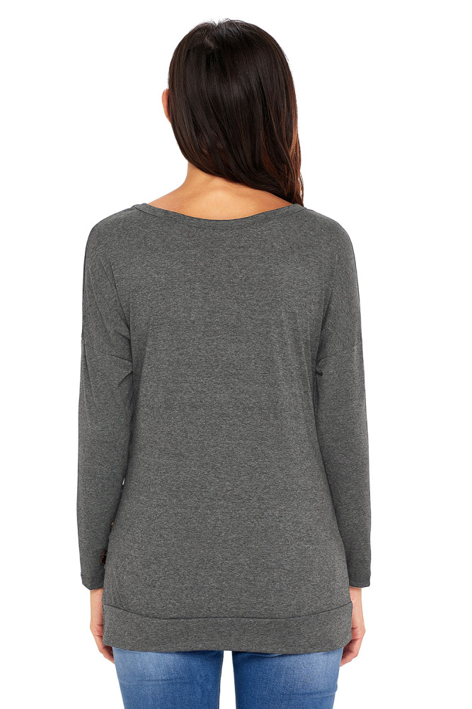 Gray Buttoned Side Long Sleeve Spring Autumn Womens Top