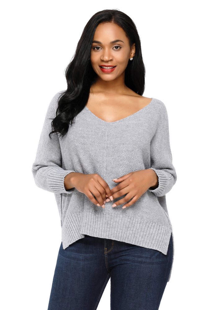 Gray Oversized Knit High-low Slit Side Sweater