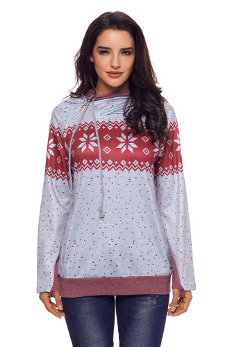 Gray Double Hood Snowfall Print Sweatshirt