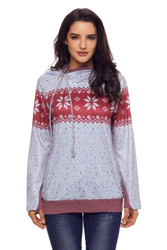 Gray Double Hood Snowfall Print Sweatshirt