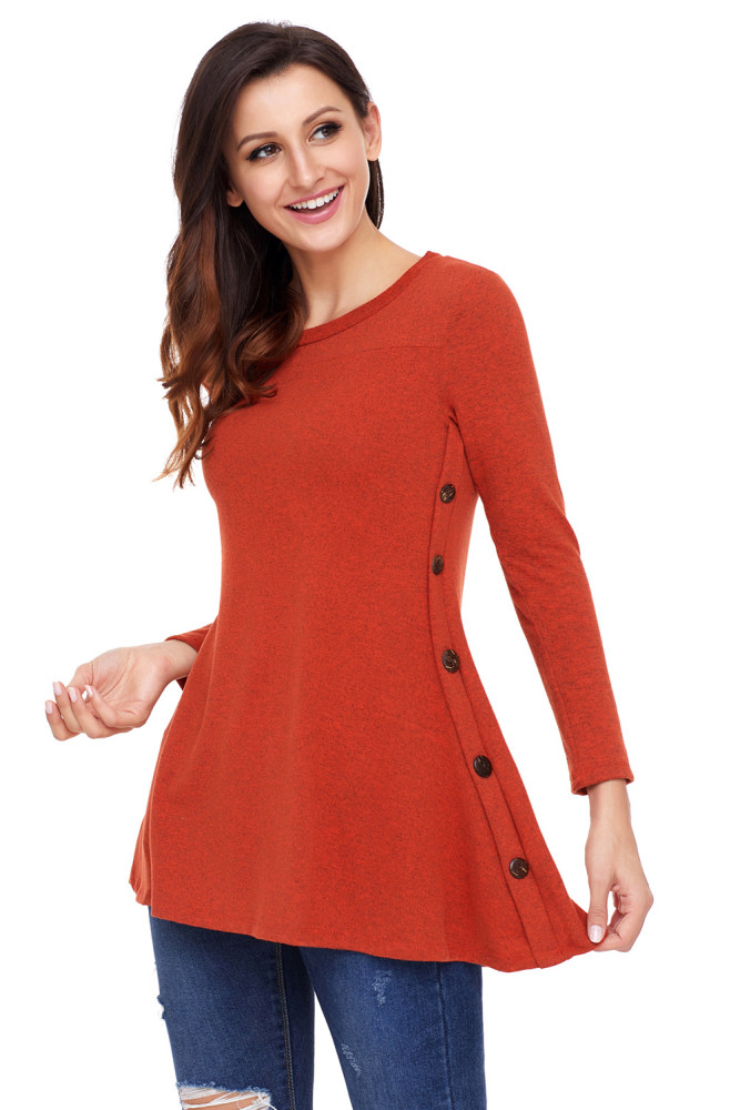 Rust Red Button Side Long Sleeve Swingy Tunic