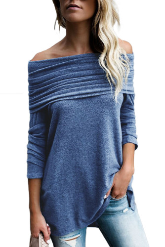 Blue Ruched Off Shoulder Long Sleeve Top
