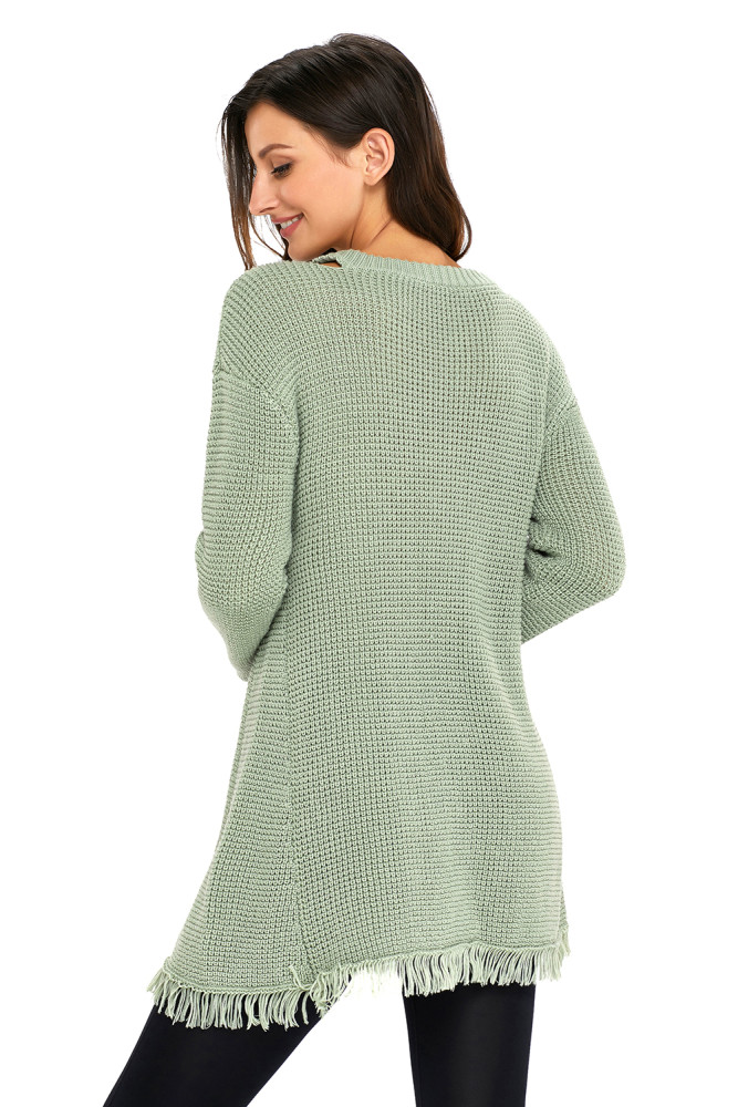 Green V Neck Waffle Knit Sweater