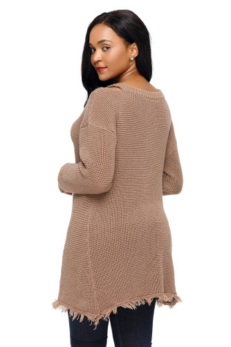 Khaki V Neck Waffle Knit Sweater