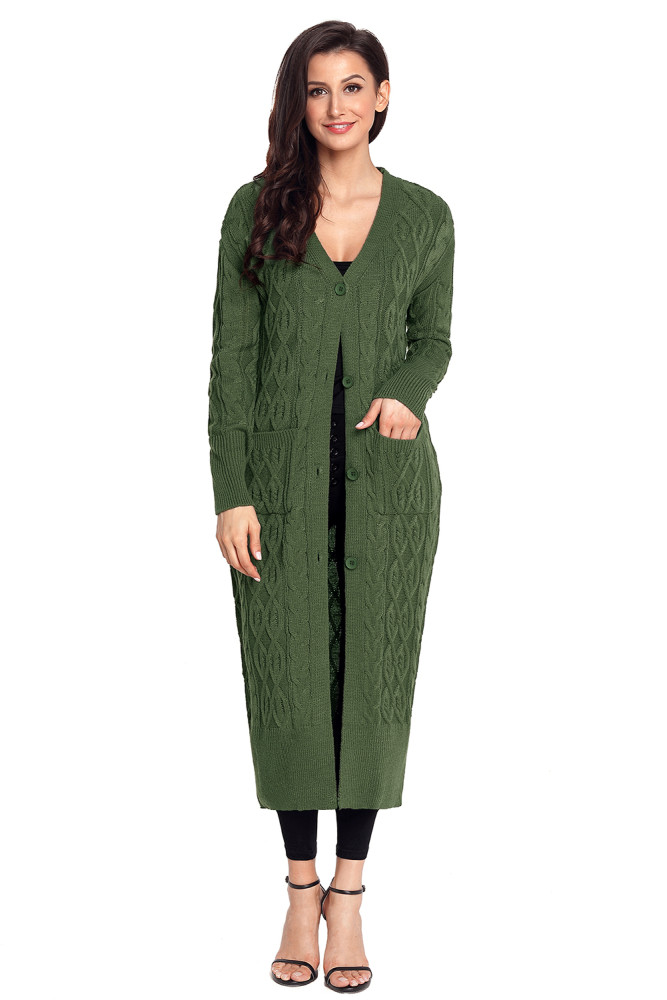 Army Green Cable Knit Long Cardigan