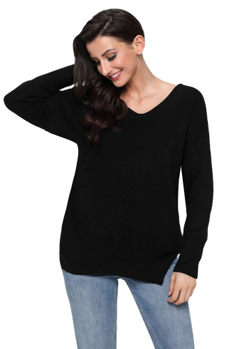 Black Oversized Long Sleeve Knitted V-Neck Sweater
