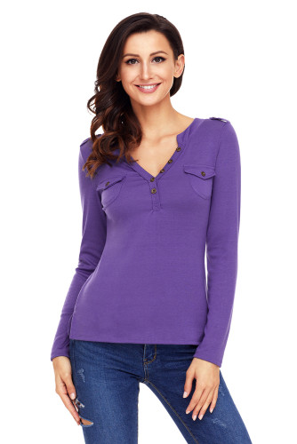 Purple Button Long Sleeve Top with Pockets