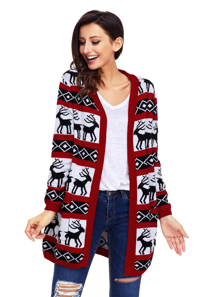 Red White Reindeer Geometric Christmas Cardigan