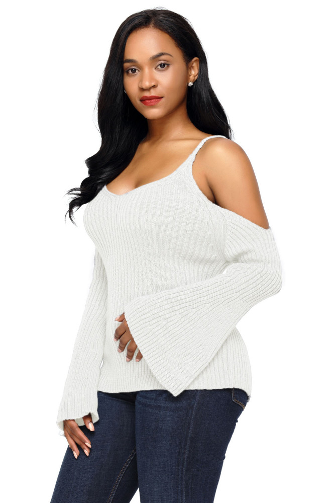 White Cold Shoulder Bell Sleeve Sweater