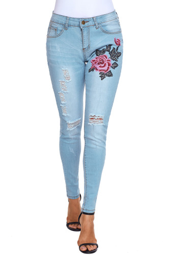 Rose Embroidery Distressed Light Blue Skinny Jeans