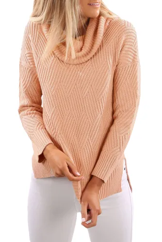 Pink Cowl Neck Side Split Sweater
