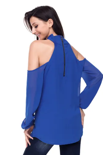 Blue Knot Neckline Cold Shoulder Long Sleeve Top