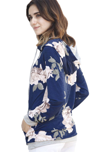 Navy Cream Floral Drawstring Hoodie