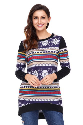 Multi Stripes Snowflake Print Long Sleeve Christmas Top