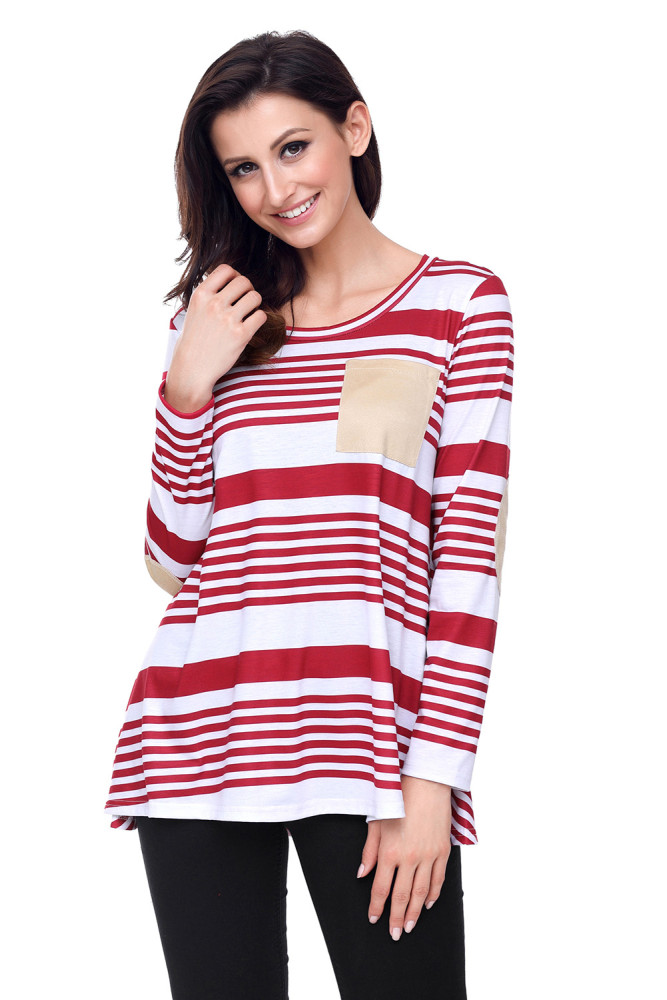 Burgundy Striped Patch Elbow Raglan Blouse