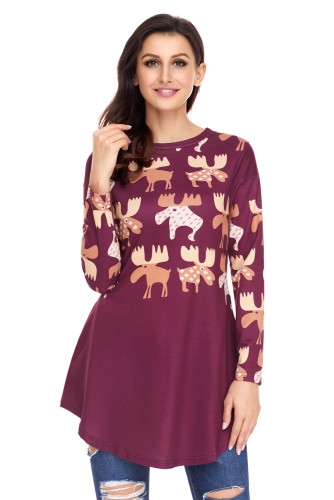 Orange Cartoon Reindeer Print Mauve Christmas Blouse