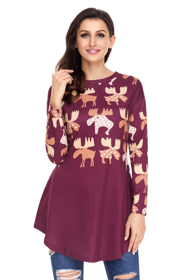 Orange Cartoon Reindeer Print Mauve Christmas Blouse