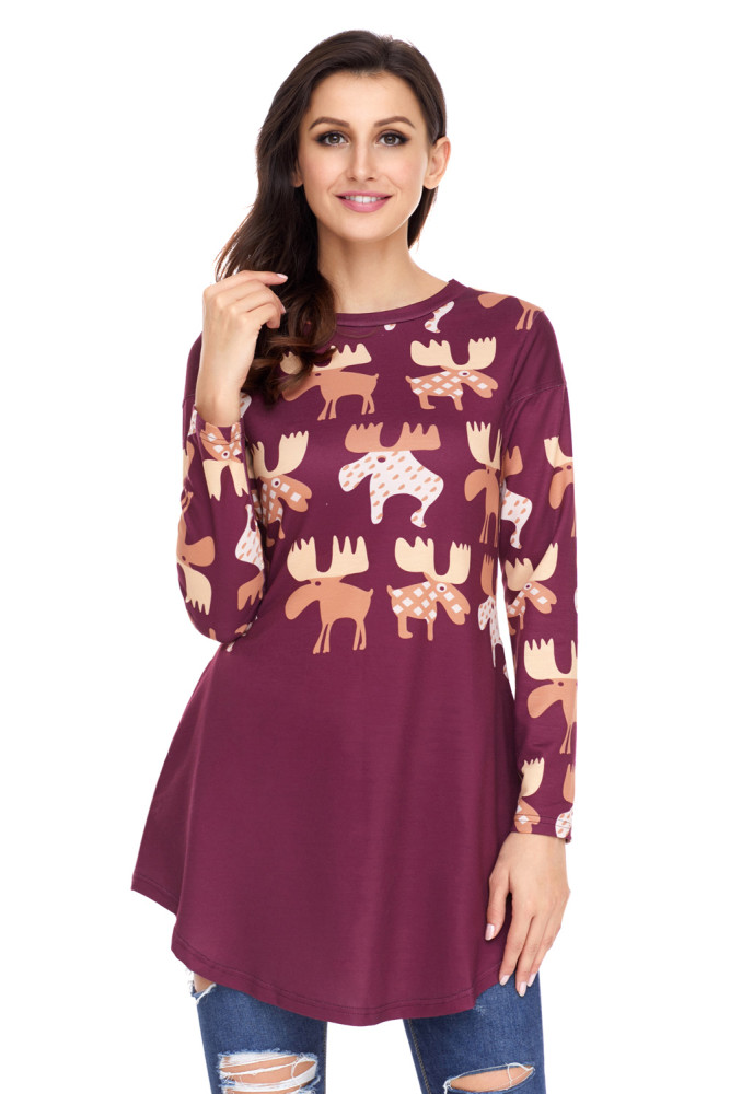 Orange Cartoon Reindeer Print Mauve Christmas Blouse