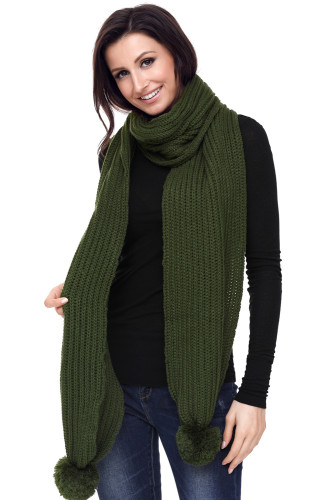Green Pom Pom Ribbed Knit Scarf