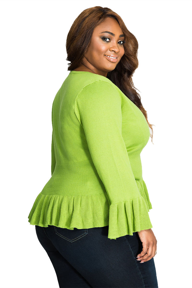 Green Ruffle Hem V Neck Plus Size Cardigan