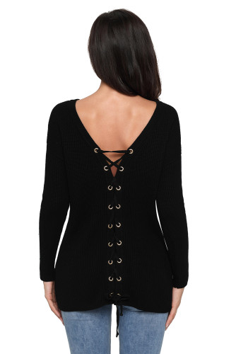 Black Sexy V Neck Lace up Front Sweater