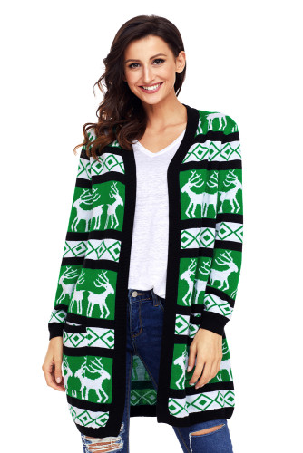Black Green Reindeer Geometric Christmas Cardigan