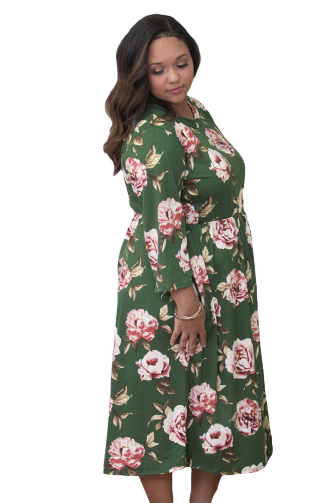 Olive Floral Printing Plus Size Dress