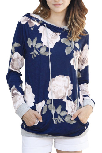 Navy Cream Floral Drawstring Hoodie