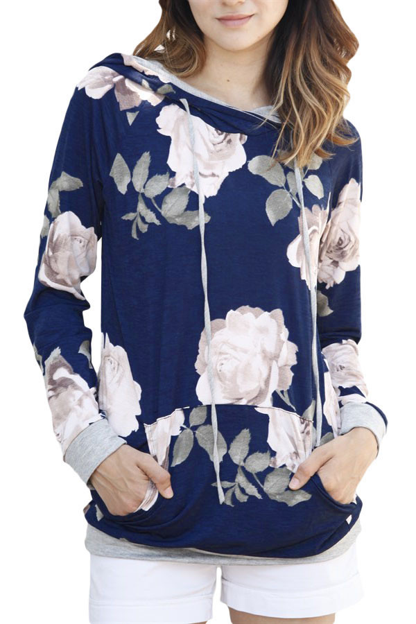 Navy Cream Floral Drawstring Hoodie