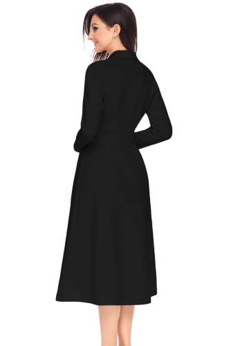 Black Vintage Button Collared Fit-and-flare Dress