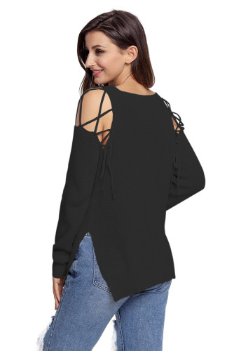 Black Lace up Shoulder Sweater