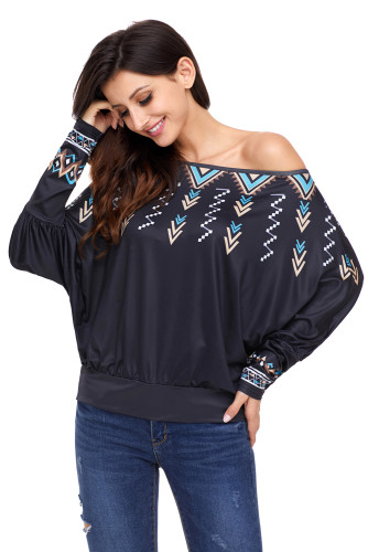 Black Printed Puff Sleeve Skew Neck Blouse