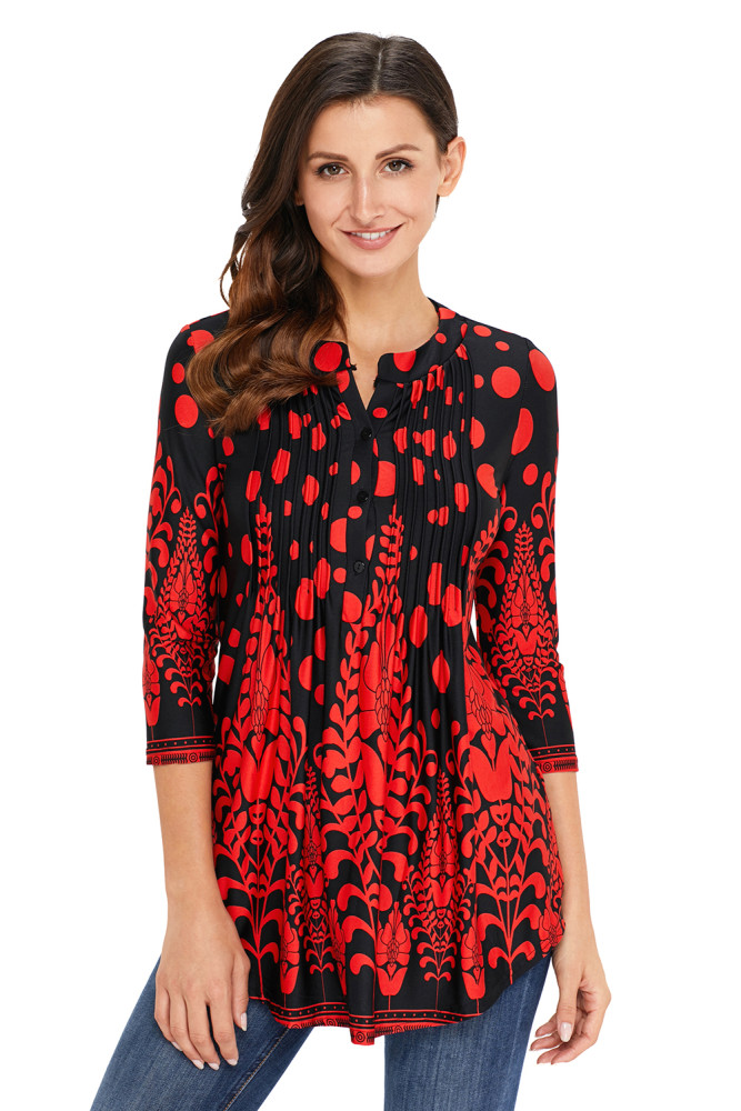 Red Floral Notch Neck Pin-tuck Tunic